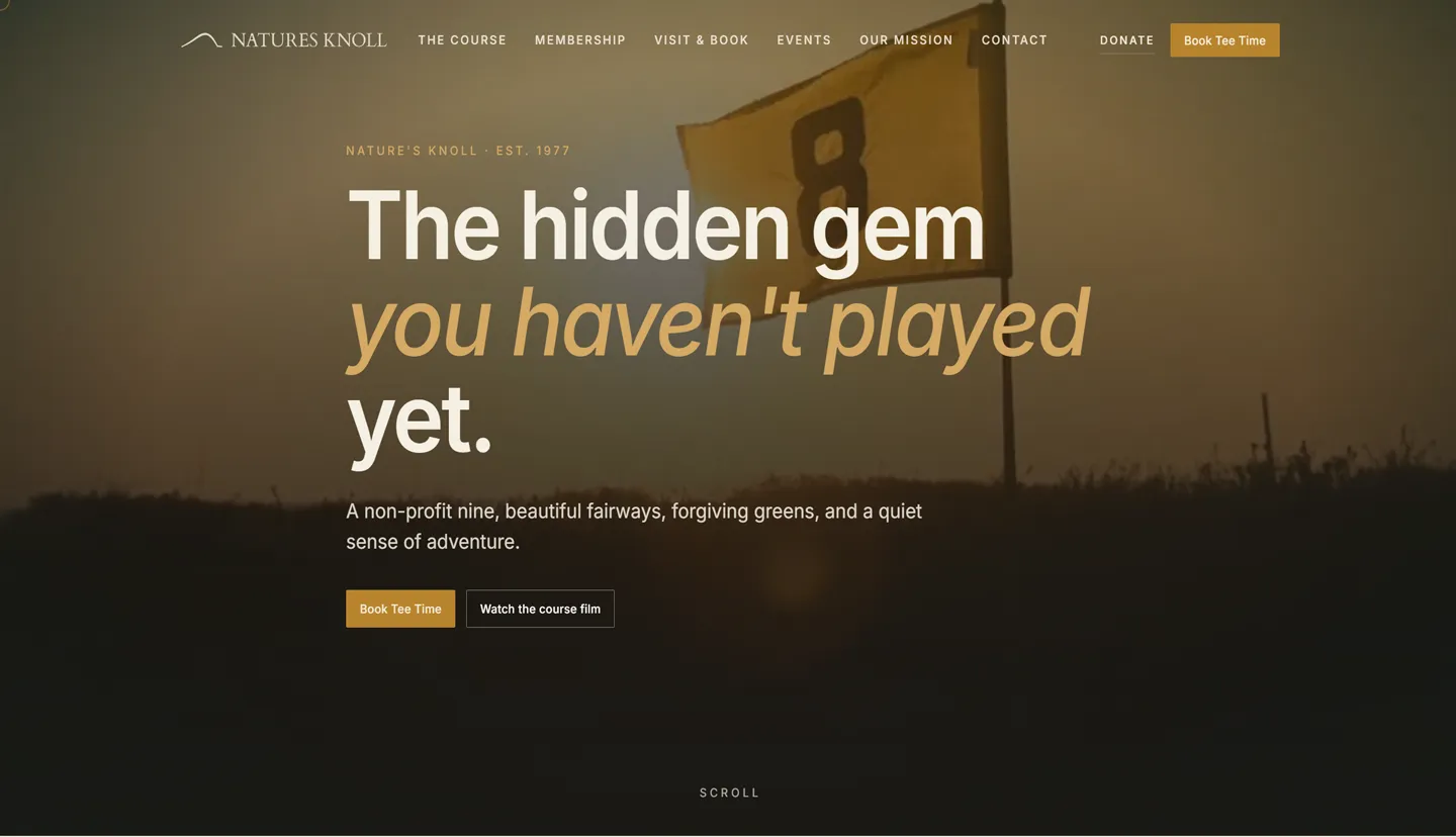 Natures Knoll website hero, 'The hidden gem you haven't played yet', over a golf course at dusk