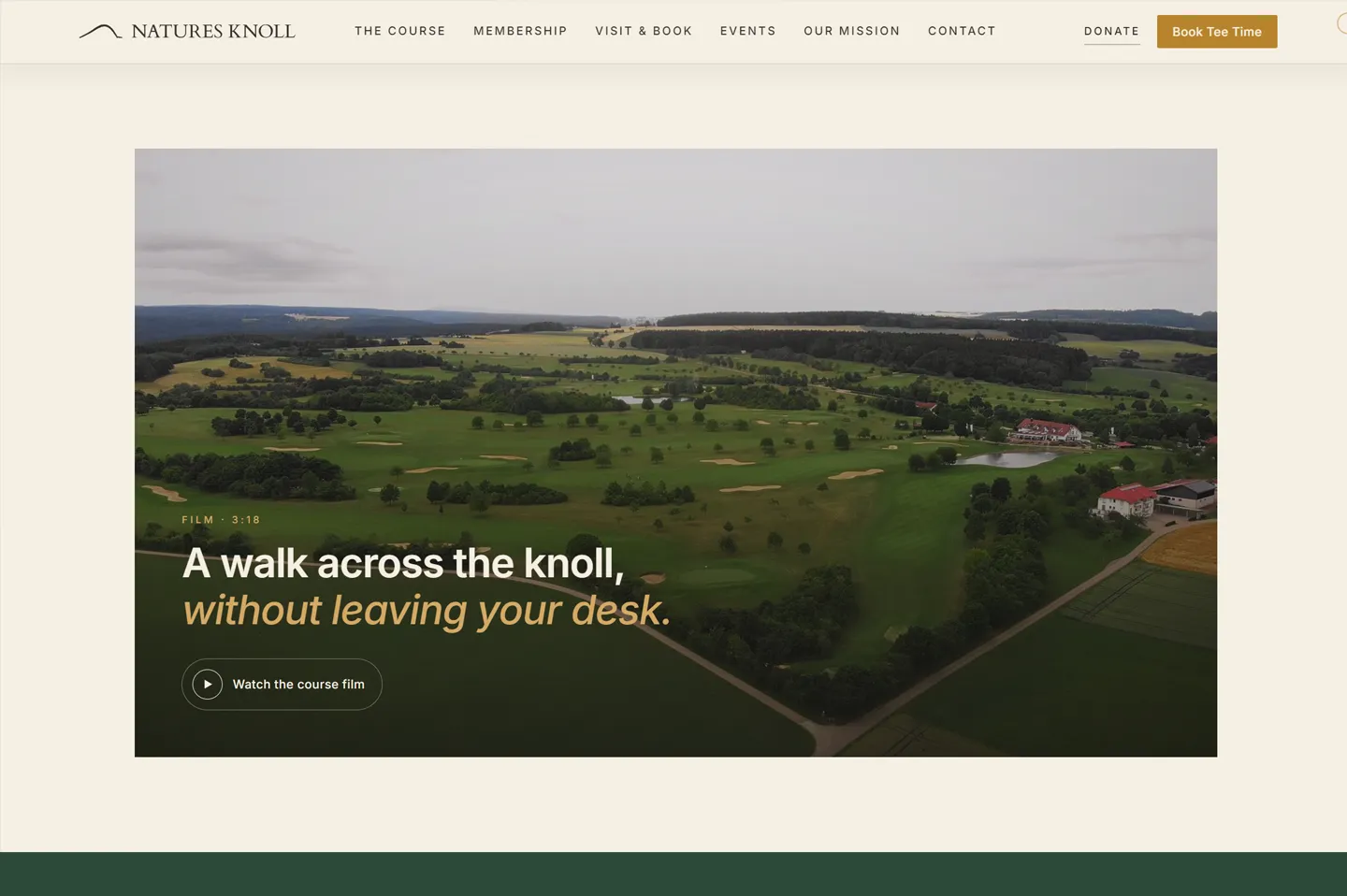 Natures Knoll website section with an aerial view of the course greens