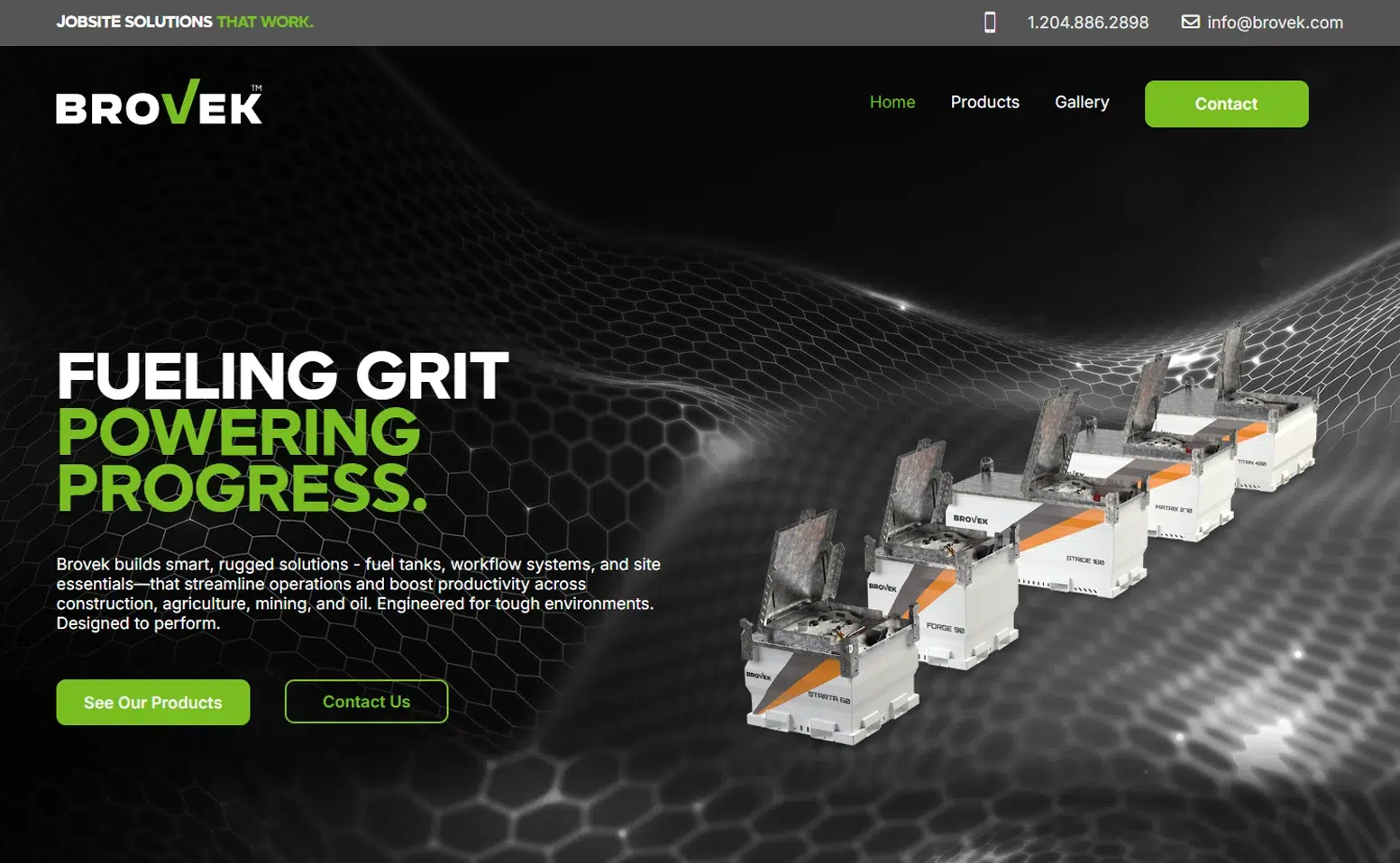 Brovek website hero, 'Fueling Grit, Powering Progress', featuring jobsite fuel tanks