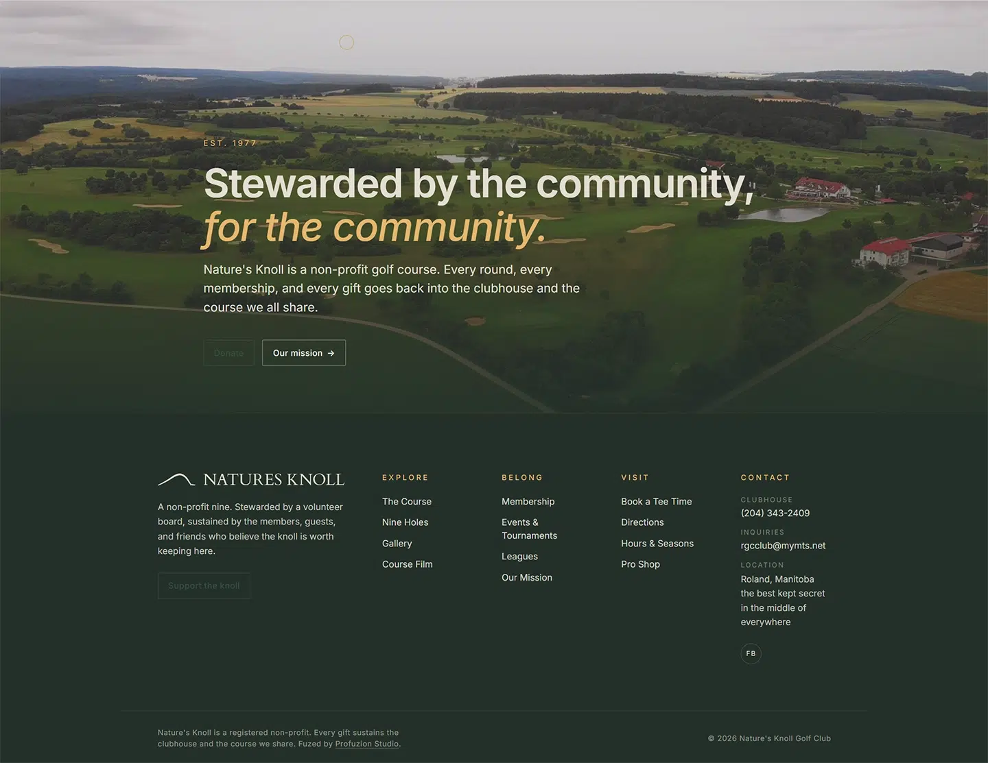 Natures Knoll section, 'Stewarded by the community', over an aerial course view