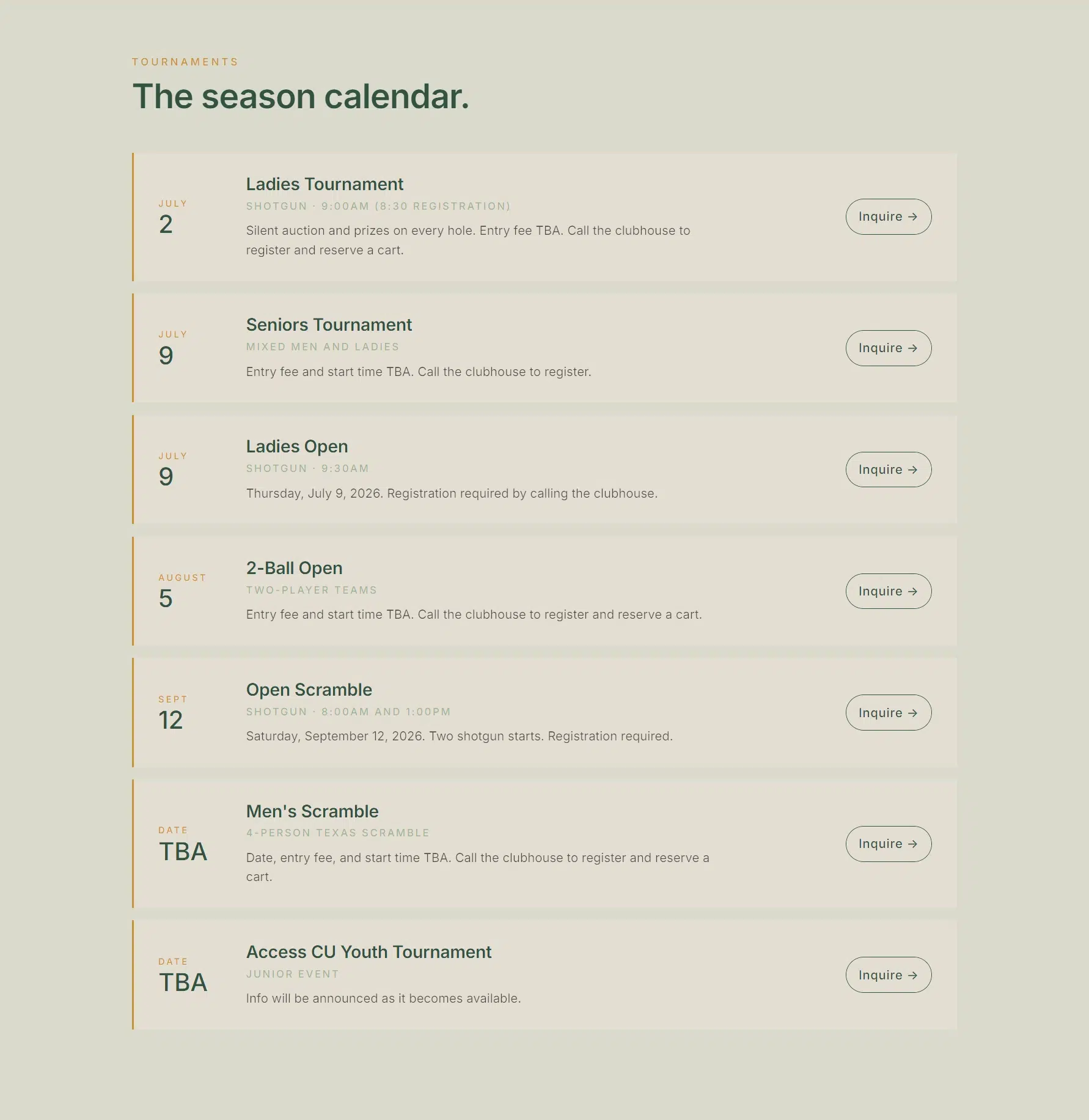 Natures Knoll tee-time schedule table