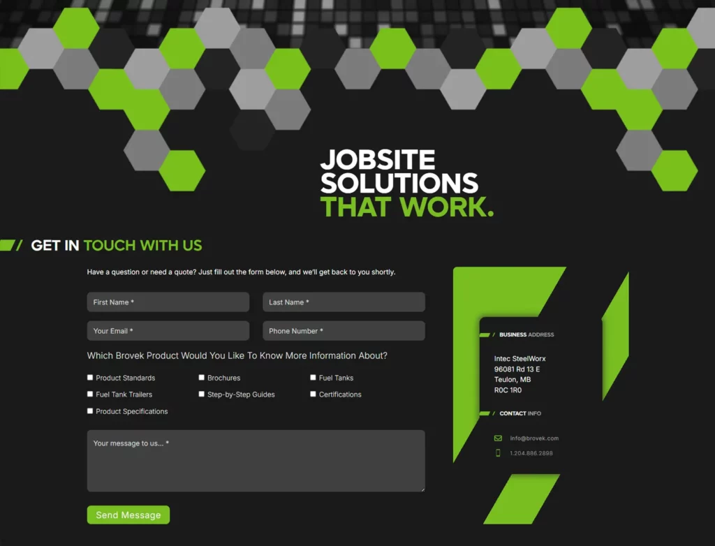 Brovek 'Jobsite Solutions That Work' page with green hexagonal graphics