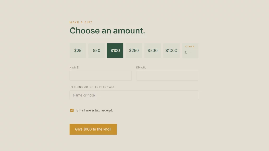 Natures Knoll gift card purchase page, 'Choose an amount'