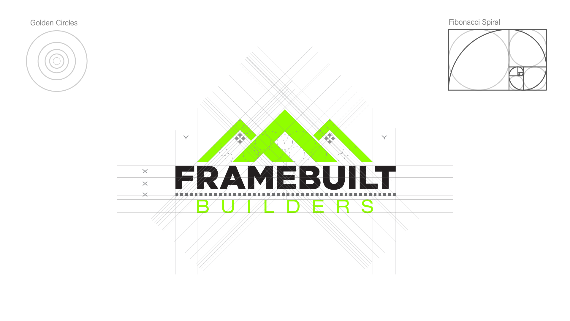 Framebuilt Builders logo construction with golden-ratio guides