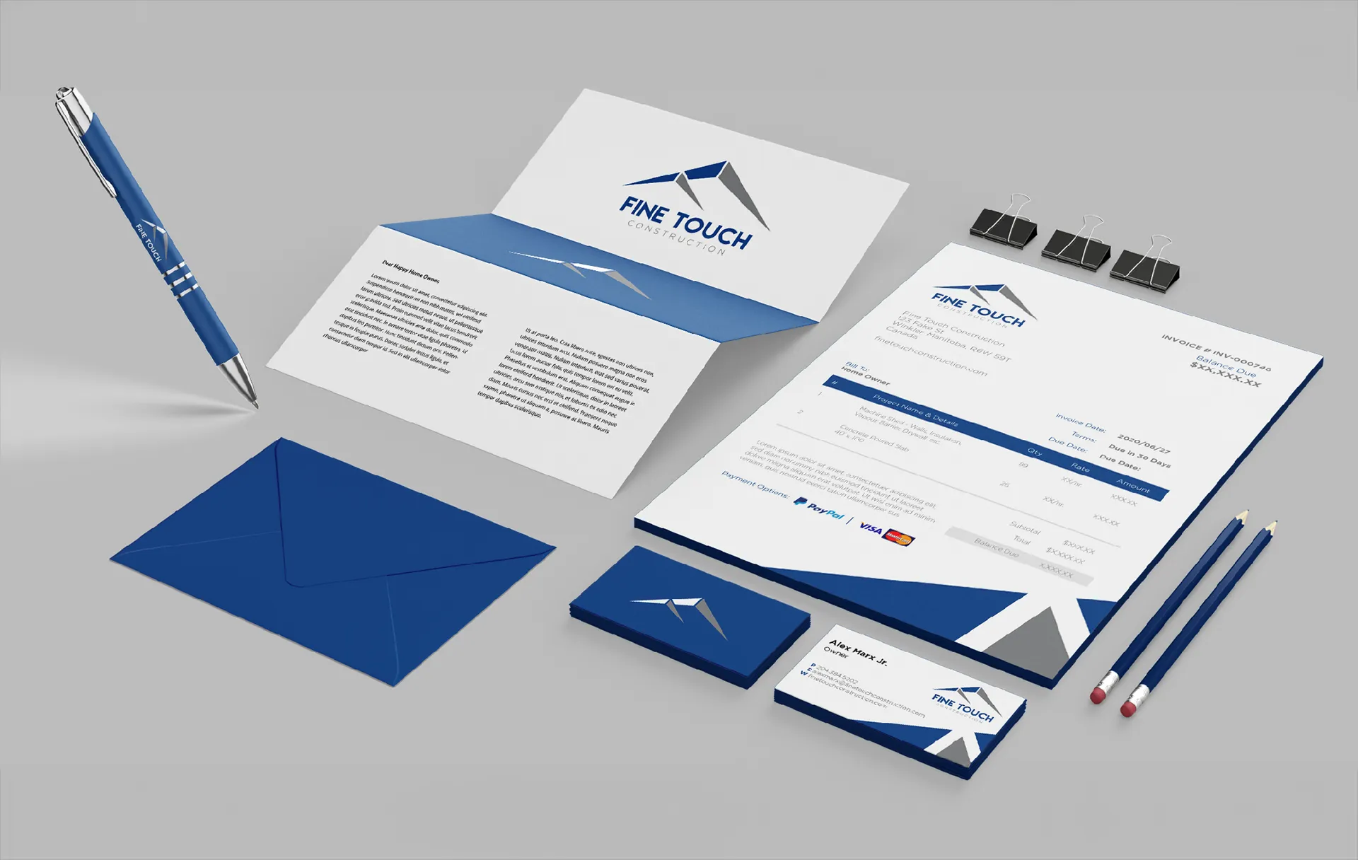Fine Touch Construction stationery and brand collateral mockup