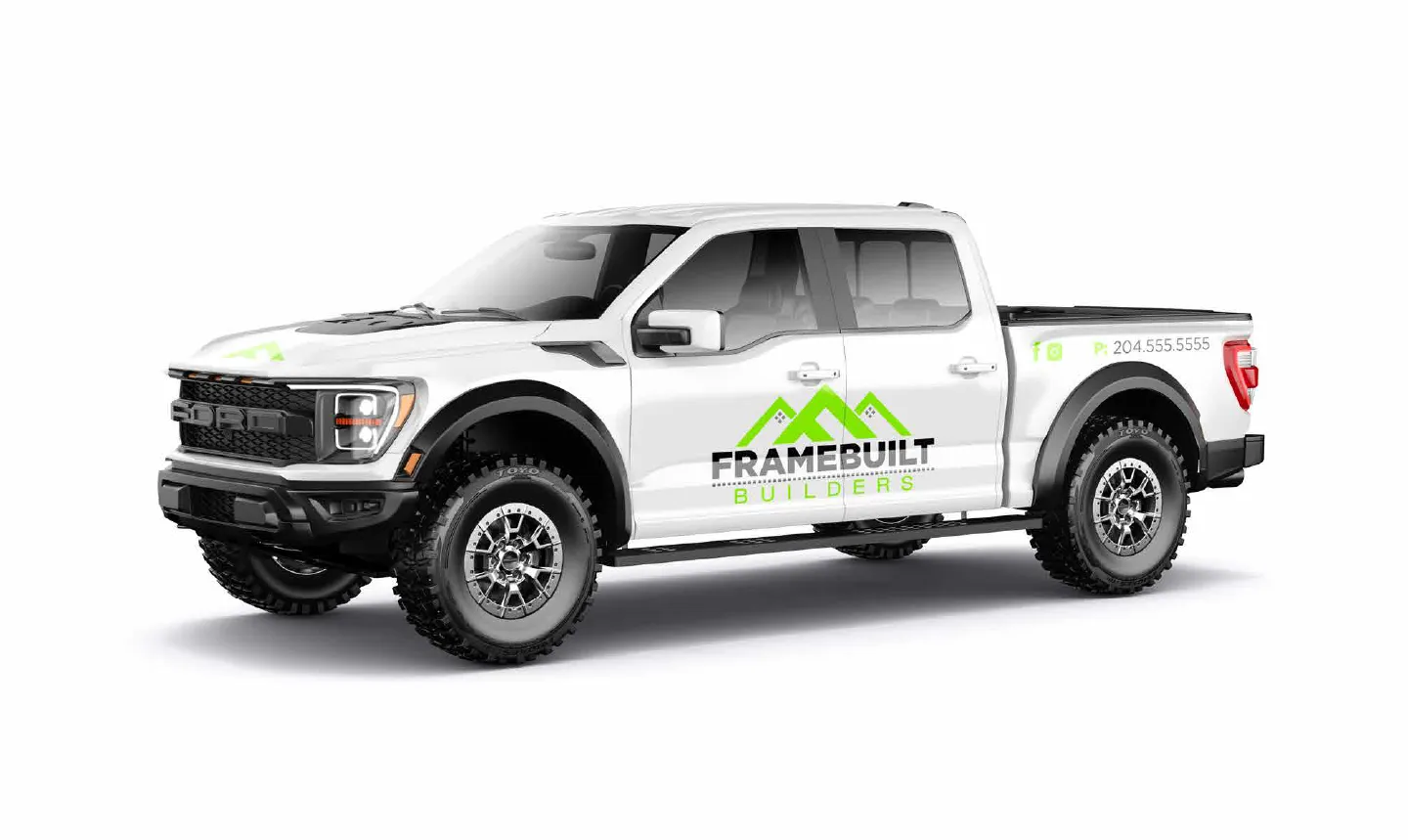 White pickup truck with Framebuilt Builders branding