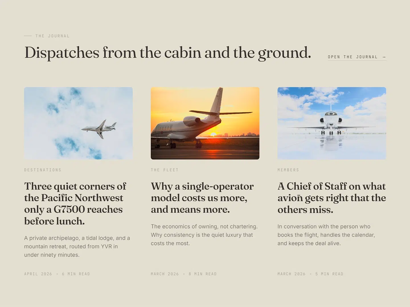 Avion website section, 'Dispatches from the cabin and the ground'