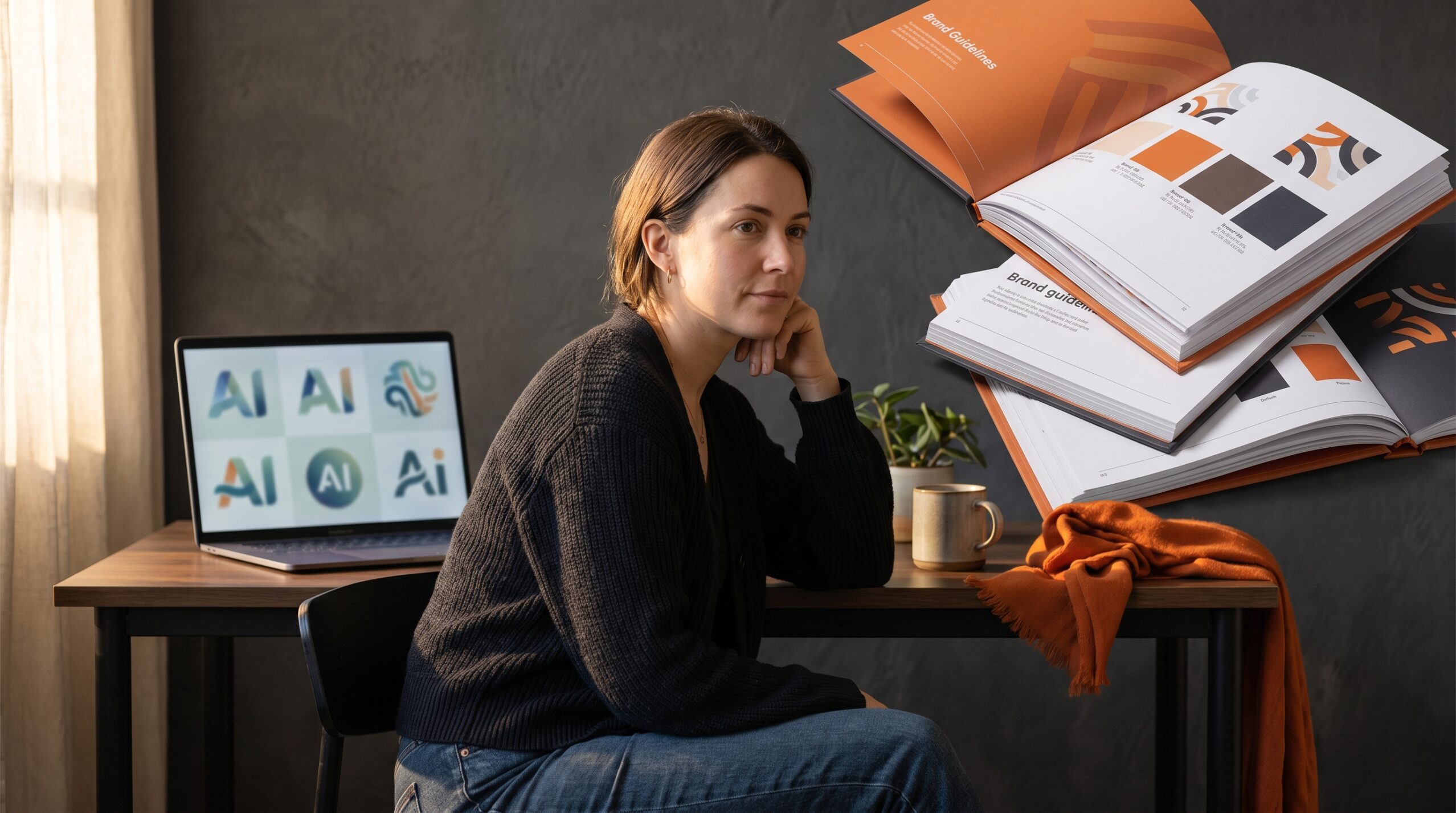 Business owner comparing AI logo tools with professional brand guidelines on desk